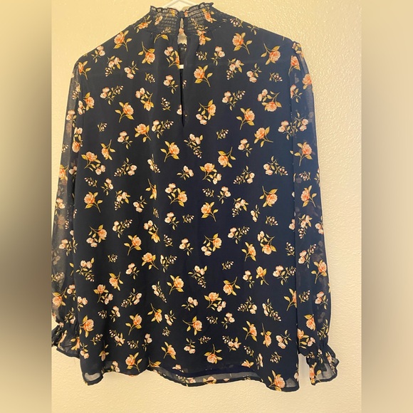 Micro Floral Print Smocked Mock Neck Blouse modest navy plus size 0X - Picture 3 of 7